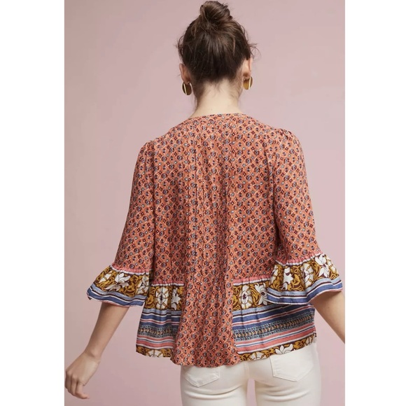Anthropologie Maeve Womens Hiver Peasant Blouse 12 Orange Boho Hippie Floral - Picture 2 of 9